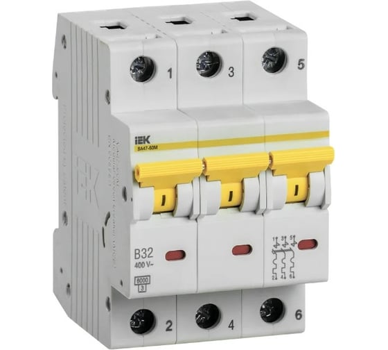 Изображение товара Автоматический выключатель IEK ВА47-60M 3Р 32А 6кА B MVA31-3-032-B