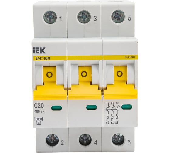 Изображение товара Автоматический выключатель IEK ВА47-60M 3Р 20А 6кА С MVA31-3-020-C