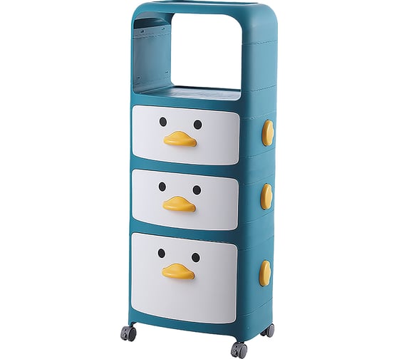 Изображение товара Детский комод Фея Порядка STB-723 Утята на колесах синий/белый 3 ящика и 2 полки, 43x33.5x102 см 4606400035480