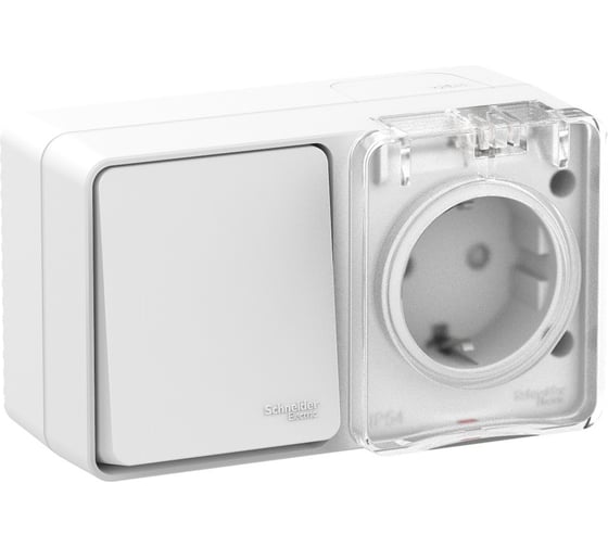 Изображение товара Блок: розетка с заземлением со шторками 16А 250B и 1-клавишный выключатель 10А Systeme Electric AtlasDesign AtlasDesign PROFI IP54 открытой установки ATN540170