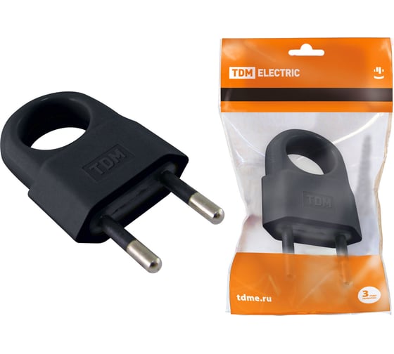 Изображение товара Вилка TDM ELECTRIC без заземления, с кольцом, черная, 10А, 250В, евровилка CEE 7/16 SQ1806-0190