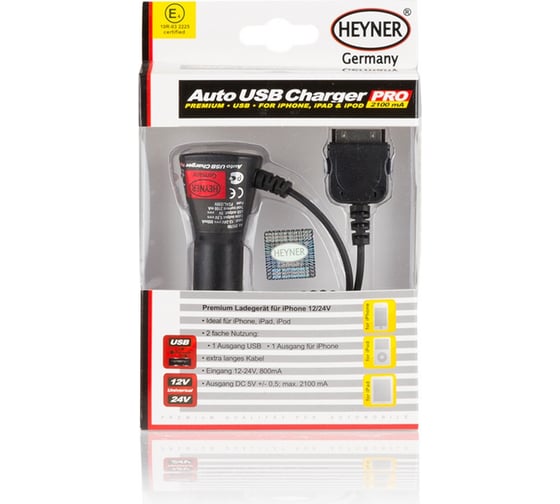 Изображение товара Зарядное устройство Heyner для iPhone/iPad/iPod, 12/24 В, 2 порта: 1 порт USB / 1 порт для iPhone 511700