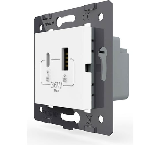 Изображение товара Розетка USB type C+A LIVOLO с блоком питания 36W, цвет белый (механизм) VL-FCUA18W.UC18W-2WP