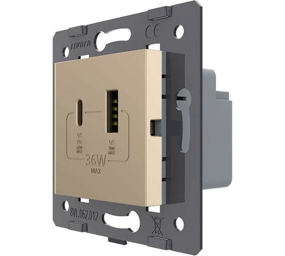 Изображение товара Розетка USB type C+A LIVOLO с блоком питания 36W, цвет золотой (механизм) VL-FCUA18W.UC18W-2AP