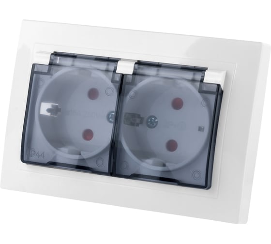 Изображение товара Двойная розетка TDM ELECTRIC 2П+З с защитными шторками и прозрачной крышкой 16А 250В IP44 белая Таймыр SQ1814-0077