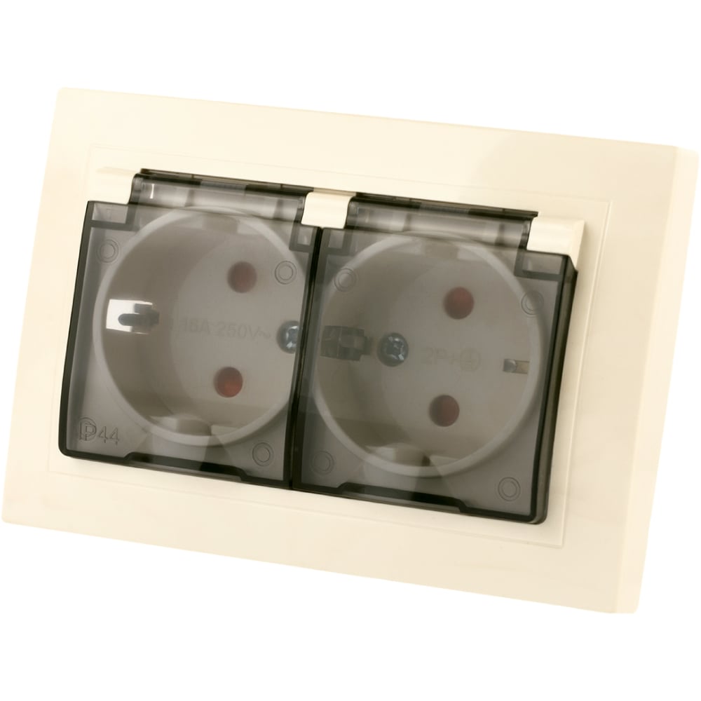 Изображение товара Двойная розетка TDM ELECTRIC 2П+З с защитными шторками и крышкой 16А 250В IP44
