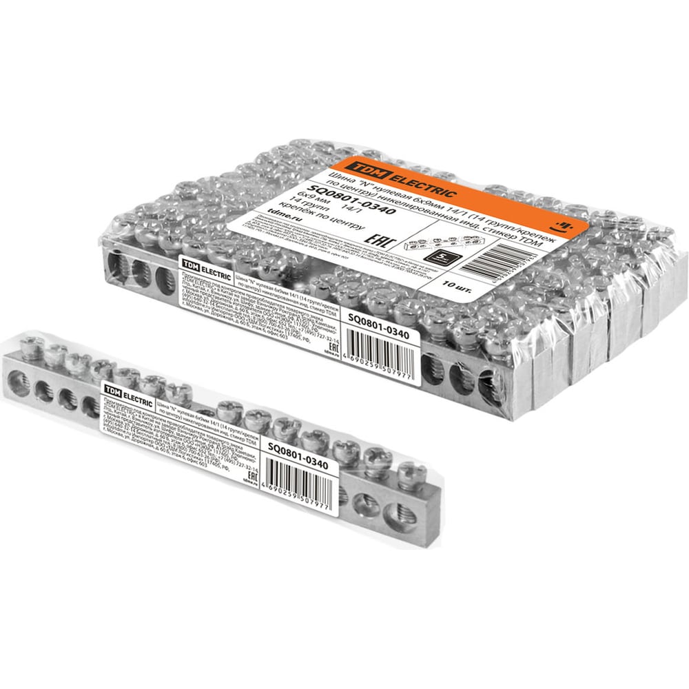 Изображение товара Нулевая никелированная N шина TDM ELECTRIC 6х9мм 14/1 (14 групп/крепеж по центру) индивидуальный стикер SQ0801-0340