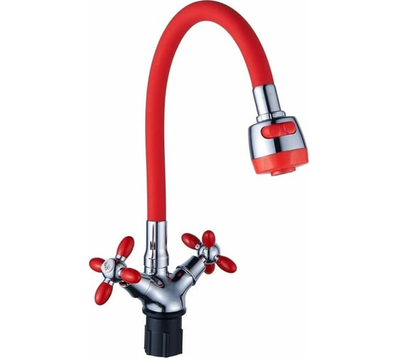 Изображение товара Смеситель для кухни Антей Радуга с 2-мя рукоятками, с силиконовым изливом, крепление гайка, красный 5770715-ANT