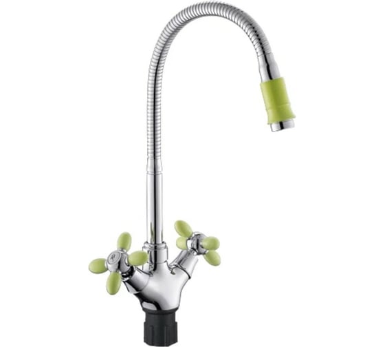 Изображение товара Смеситель для кухни Антей Радуга с 2-мя рукоятками, с высоким гибким изливом, зеленый 5870714-ANT