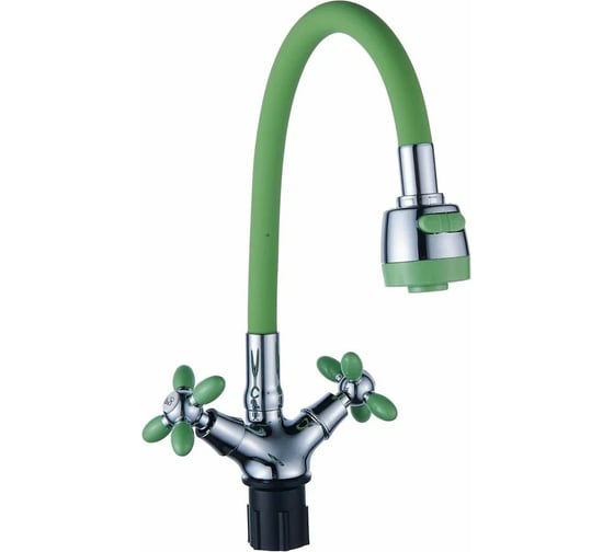 Изображение товара Смеситель для кухни Антей Радуга с 2-мя рукоятками, с силиконовым изливом, крепление гайка, зеленый 5770714-ANT