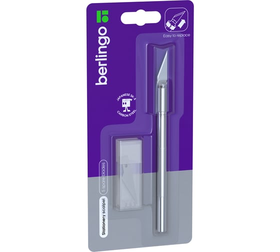 Изображение товара Нож-скальпель канцелярский Berlingo, металлический корпус, 5 лезвий в комплекте, европодвес, 1 шт. BM4118