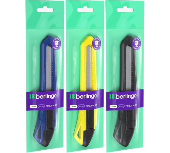 Изображение товара Канцелярский нож BERLINGO 18 мм Razzor 100 , push-lock, ассорти BM4126