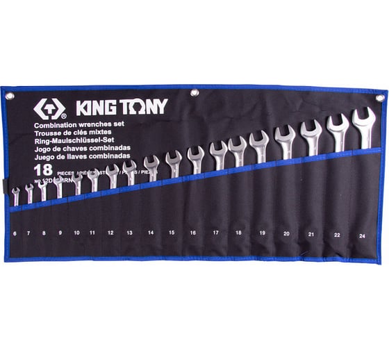 Изображение товара Набор комбинированных ключей KING TONY, 6-24 мм, чехол из теторона, 18 предметов 12D18MRN