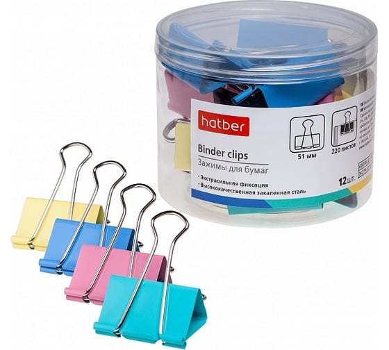 Изображение товара Зажимы для бумаг Hatber 51мм, цветные, 12шт, в пластиковой тубе 059115