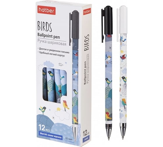 Изображение товара Шариковая ручка Hatber Birds синяя, 0.7 мм с колпачком и клипом, 12 шт 069855