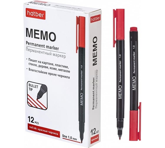 Изображение товара Перманентный маркер Hatber Memo закругленный, пишущий узел 1 мм, красный 12 шт 072614