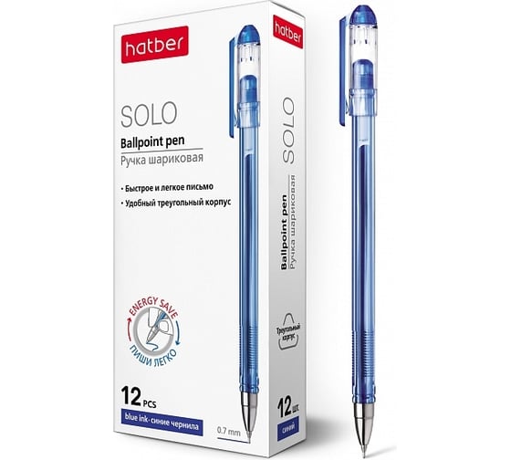 Изображение товара Шариковая ручка Hatber Solo синяя, 0.7 мм игольчатый пишущий узел, 12 шт 058613