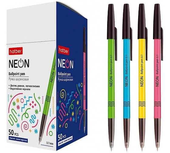 Изображение товара Шариковая ручка Hatber NEON синяя, 0.7 мм, с колпачком и клипом, ассорти упак. 50 шт. 043608