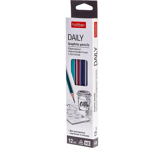 Изображение товара Чернографитный карандаш Hatber Daily трехгранный корпус 12шт. HB с ластиком 065986