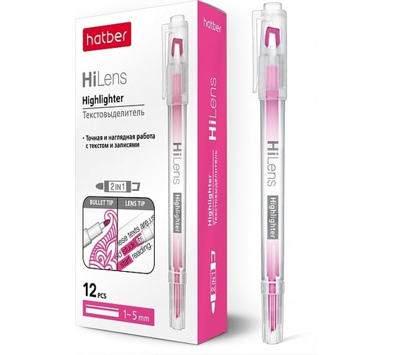 Изображение товара Двухсторонний текстовыделитель Hatber Hi-Lens 1 мм/5 мм, розовый, упак. 12 шт 060860