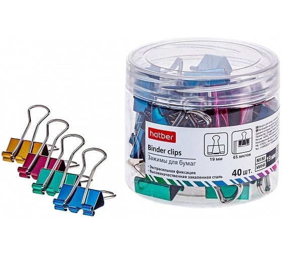 Изображение товара Зажимы для бумаг Hatber 19 мм, металлик, 40 шт, в пластиковой тубе 067772