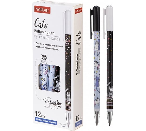 Изображение товара Шариковая ручка Hatber Cats синяя 0.7 мм с колпачком и клипом, 12 шт 069854