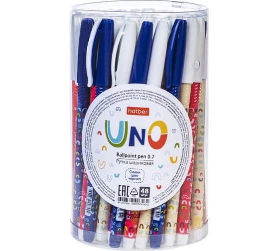 Изображение товара Шариковая ручка Hatber Uno 0.7 мм, склипом, корпус с рисунком, ассорти, 48 шт 072966