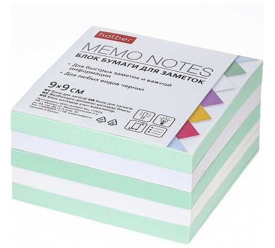 Изображение товара Блок бумаги для заметок Hatber 9x9х4,5см 2 цв. зеленый/белый, сменный, 18 шт 075657