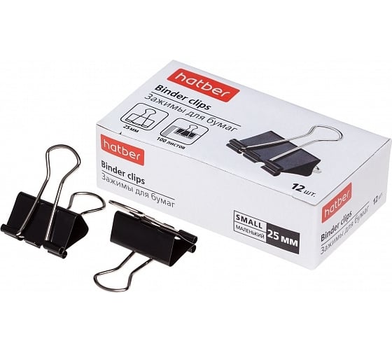 Изображение товара Зажимы для бумаг Hatber 25мм, черные, 12шт, в картонной коробке 059109