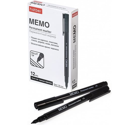 Изображение товара Перманентный маркер Hatber Memo закругленный, пишущий узел 1 мм, черный 12 шт 072612