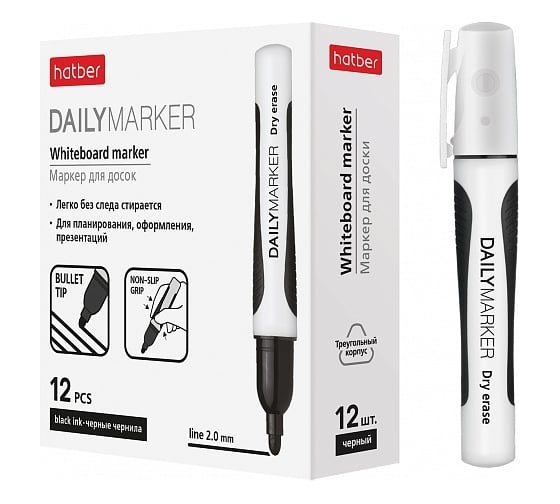 Изображение товара Маркер для магнитно-маркерных досок Hatber Daily закругленный, пишущий, упак. 12 шт 060885