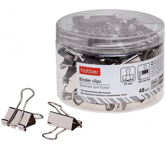 Изображение товара Зажимы для бумаг Hatber 25мм, Серебряные, 48 шт, в пластиковой тубе, 59165 059165
