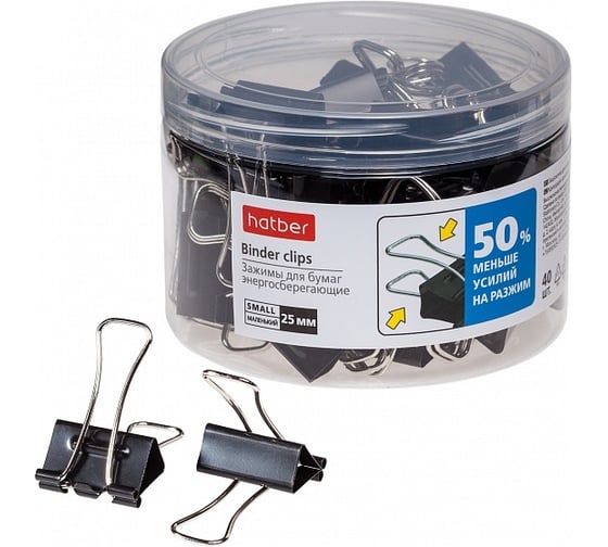 Изображение товара Зажимы для бумаг Hatber 25мм, черные ENERGY SAVE, 40шт, в пластиковой тубе, 059125