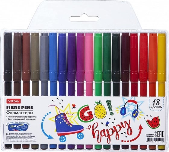 Изображение товара Фломастеры Hatber COLOR TOUR 18 цв. в блистере с европодвесом 12 шт 69863