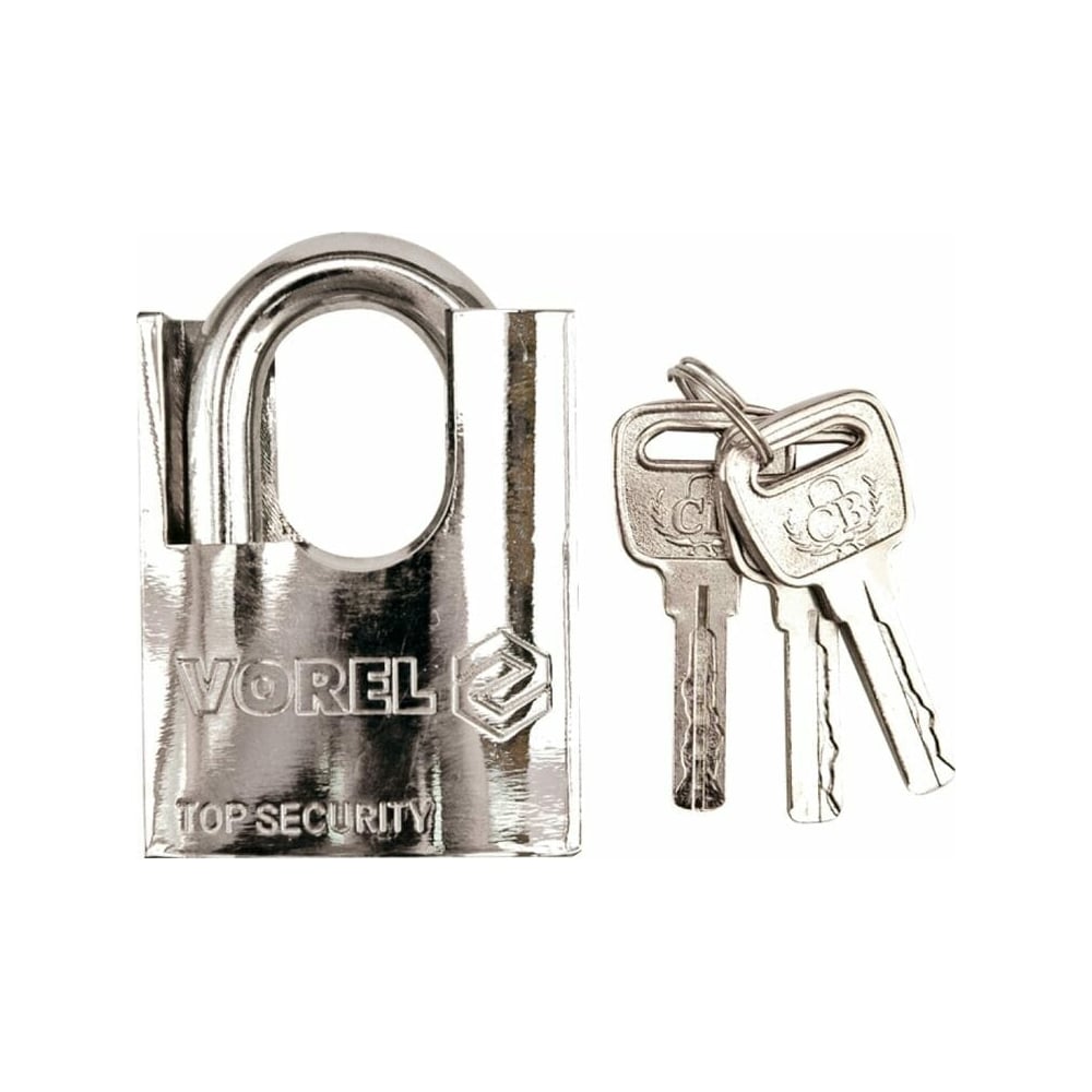 Изображение товара Навесной замок VOREL хромированный 70 мм, металлический, циллиндровый механизм