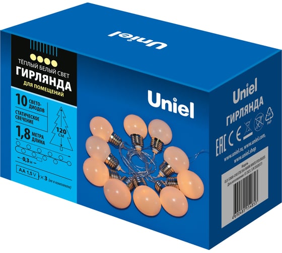 Изображение товара Светодиодная гирлянда на батарейках Uniel Лампочки ULD-S1800-010/STB/3AA WARM WHITE, IP20, BULBS UL-00008421