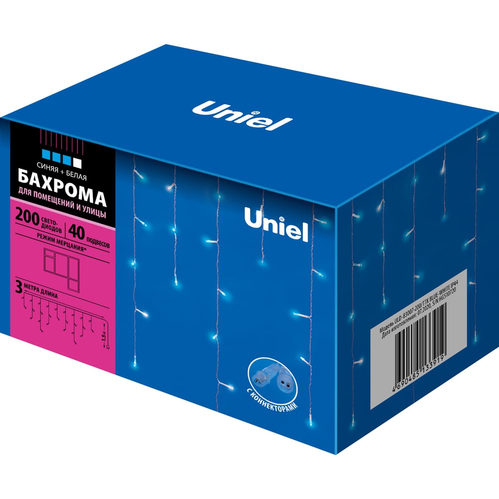 Изображение товара Светодиодная гирлянда Бахрома Uniel ULD-B3007-200/TTK BLUE-WHITE 3 м