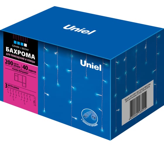 Изображение товара Светодиодная гирлянда с эффектом мерцания Uniel Бахрома ULD-B3007-200/TTK BLUE-WHITE, IP44 UL-00007210