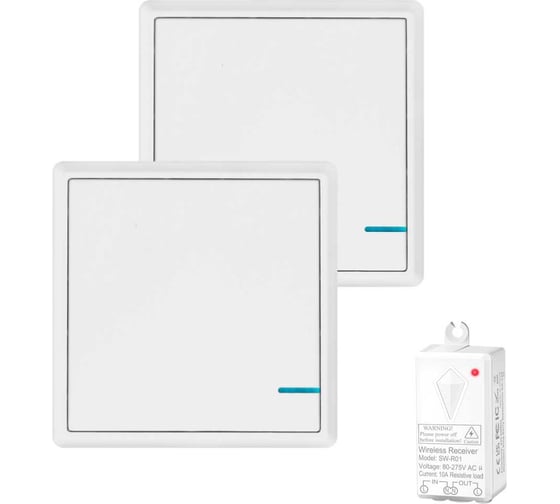 Изображение товара Проходной дистанционный 1-клавишный выключатель GRITT Practic белый, комплект: 2 выключателя IP67, 1 радиореле 1000Вт 11201