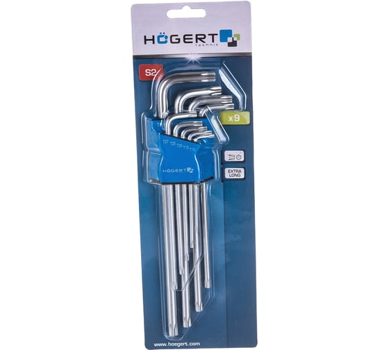 Изображение товара Набор Г-образных экстра длинных ключей HOEGERT TECHNIK TORX S2, 9 шт. HT1W831