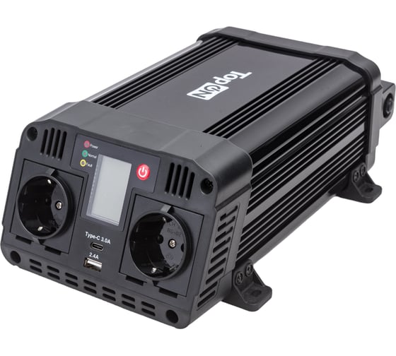 Изображение товара Автомобильный инвертор TopOn 1200 Вт, 2 розетки, Type-C, USB, LCD экран, пиковая мощность 2400 Вт, черный TOP-PI1202