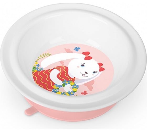 Изображение товара Глубокая детская тарелка Пластишка на присосе с розовым декором белый 431317616