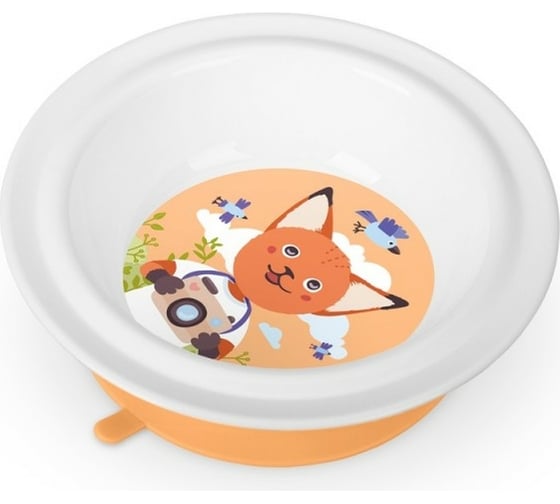 Изображение товара Глубокая детская тарелка Пластишка на присосе с оранжевым декором белый 431316016