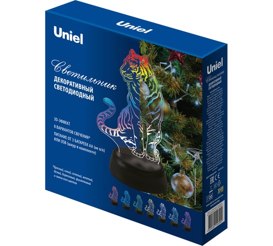 Изображение товара Светильник декоративный Uniel с эффектом 3D «Тигр», на батарейках 3AA (не в/к). 1 светодиод. RGB UL-00008402