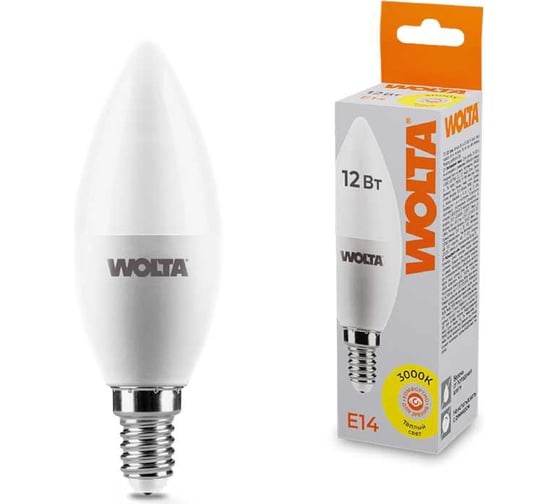 Изображение товара Светодиодная лампа Wolta "Свеча" C37 12Вт 1050лм 3000К Е14 1/50 25YC12E14