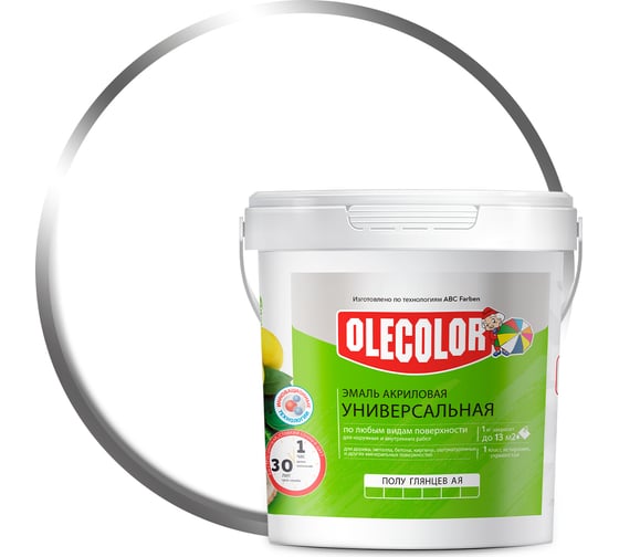 Изображение товара Акриловая эмаль OLECOLOR полуглянцевая, белый, 0.8 кг 4300002385