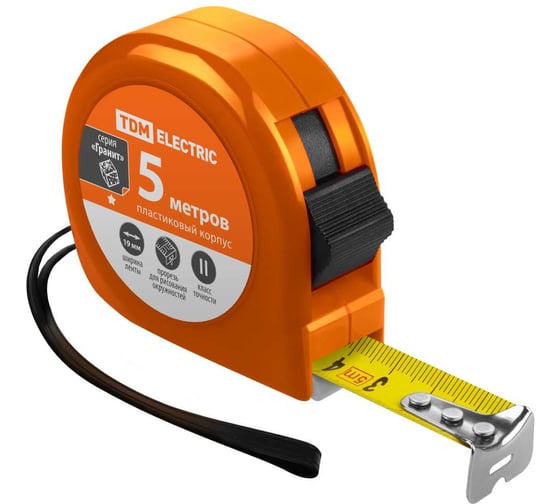 Изображение товара Рулетка TDM ELECTRIC длина 5 м, стальная лента, ширина 19 мм, пластиковый корпус, "Гранит" SQ1018-0102