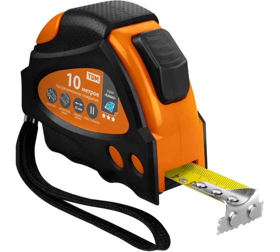 Изображение товара Рулетка TDM ELECTRIC 10 м х 25 мм, тройная фиксация, автостоп, обрезиненный корпус, магнит, Алмаз SQ1018-0112