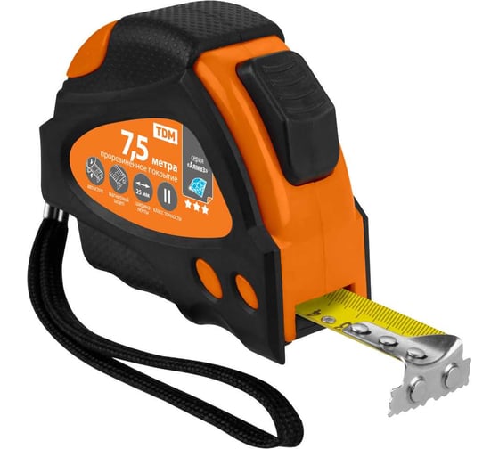 Изображение товара Рулетка TDM ELECTRIC 7,5 м х 25 мм, тройная фиксация, автостоп, обрезиненный корпус, магнит, Алмаз SQ1018-0111