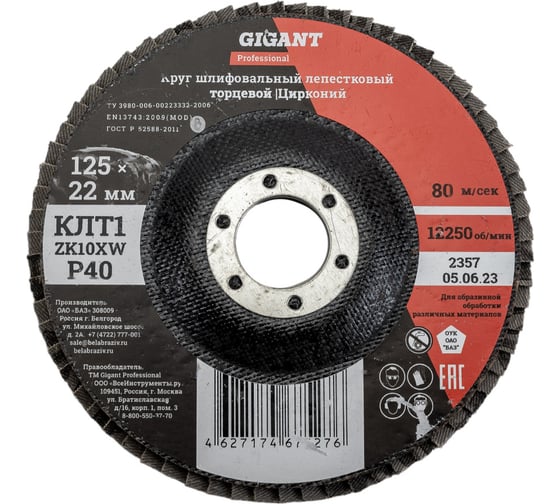 Изображение товара Круг лепестковый Professional 125х22.2 мм, P40, цирконий Gigant GNT-P40